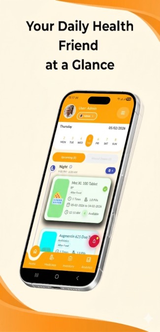 DoseDost app dashboard showing a daily health record and vitals summary for seniors.