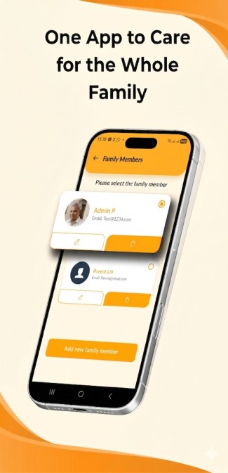 DoseDost family management screen showing multiple user profiles for caregivers.
