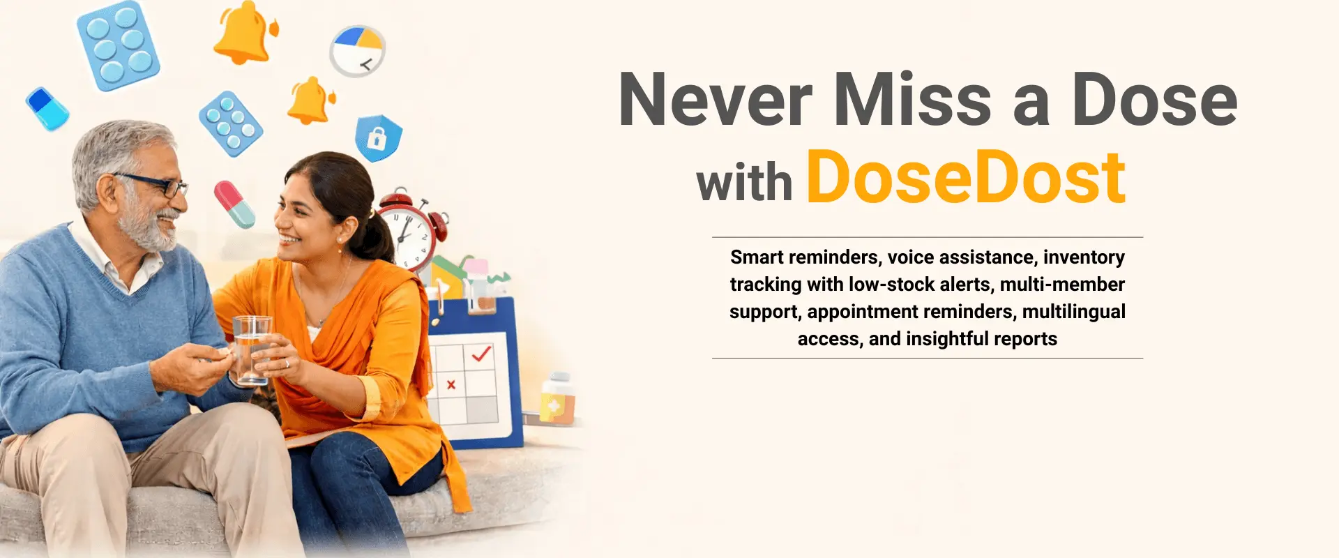 A smiling older Indian man and younger Indian woman on a sofa. Floating 3D medicine icons: pills, alarms, and a shield. DoseDost banner.