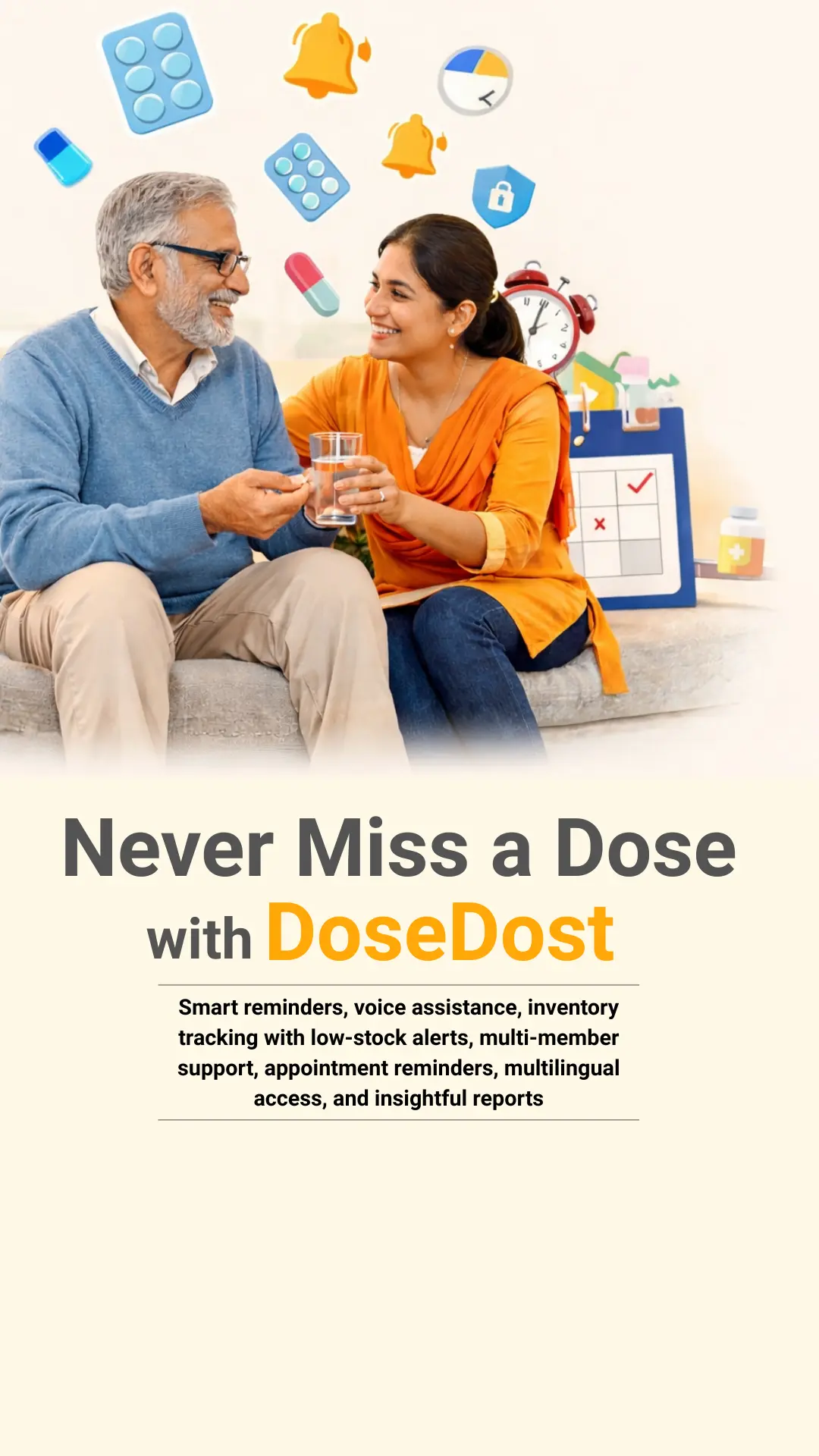 A caring older and younger Indian person smiling, with floating medical icons. DoseDost medicine reminder app mobile banner.