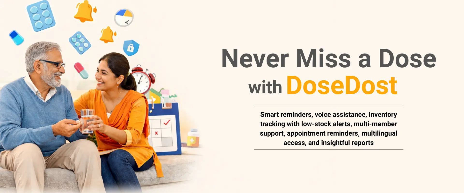 DoseDost medication reminder website header showing a wide view of healthcare management tools.
