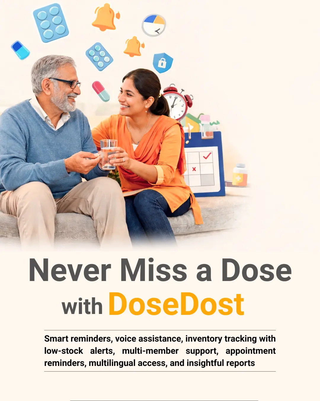Close up of a senior using the DoseDost app on a smartphone screen.