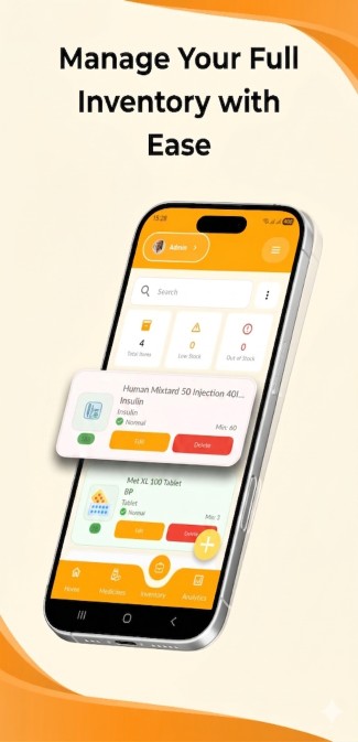 Medicine inventory tracking screen showing stock levels and pharmacy refill lists.
