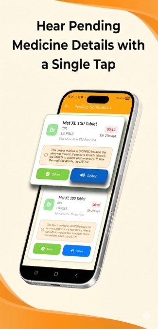 List of pending medicines in the DoseDost app with an audio playback option for accessibility.