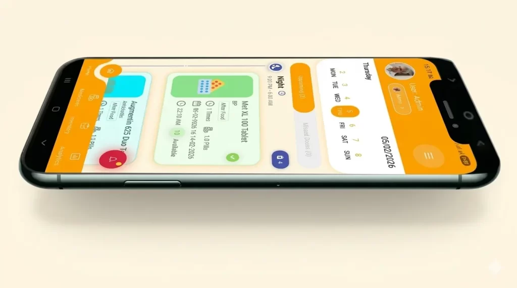DoseDost mobile app dashboard showing medication schedule and pill reminder alerts on an Android smartphone.