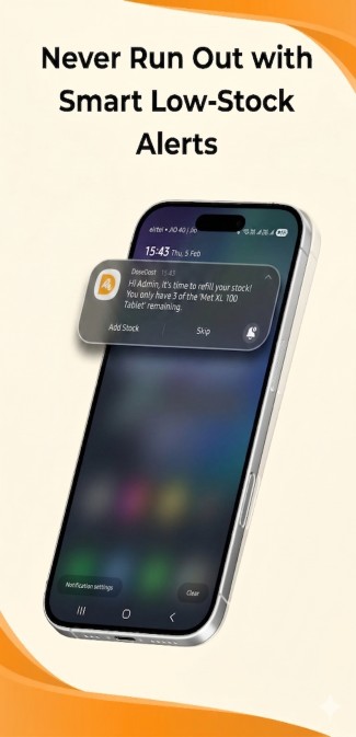 DoseDost app notification showing a smart low-stock medicine alert for timely refills.