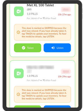 DoseDost app notification with a "Listen" button for text-to-speech audio alerts of pending medicines.