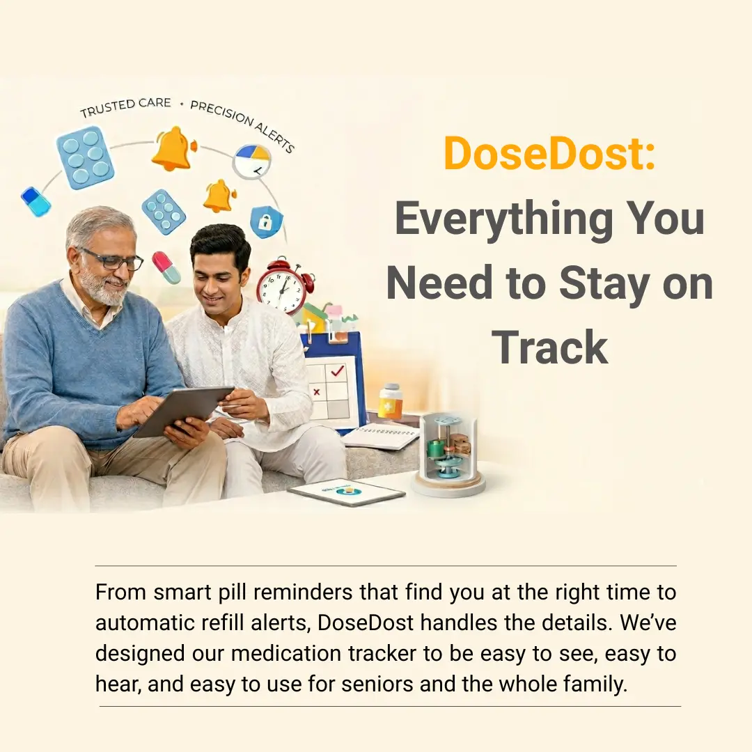 Close up of a senior using the DoseDost app on a smartphone screen.