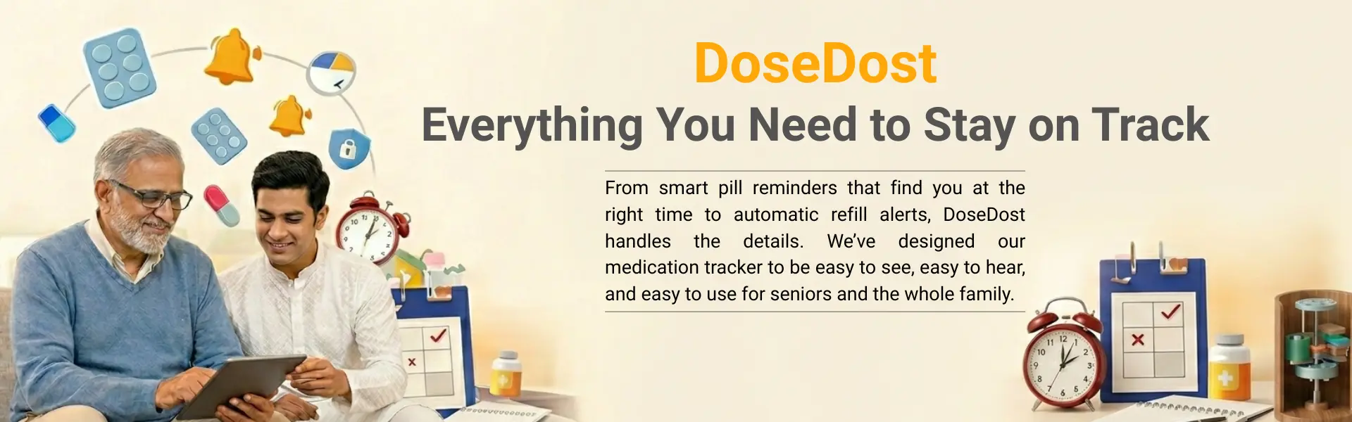 A wide-angle photo of a caregiver and senior using the DoseDost app together.